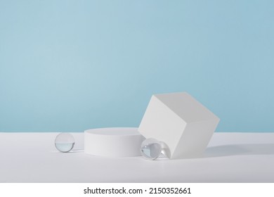 Showcase for jewellery presentation, display for advertising, cosmetics branding scene mockup. Acrylic plate, podium, background for cosmetic product packaging on blue backdrop with stylish props. - Shutterstock ID 2150352661