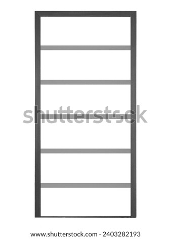 Showcase mockup with shelves for store is isolated on white background. Black vertical showcase with gray shelves.