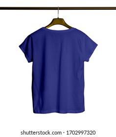 Showcase Your Awesome Design Or Logo With This Back View Short Sleeves Female TShirt Mock Up With Hanger In Royal Blue Color.