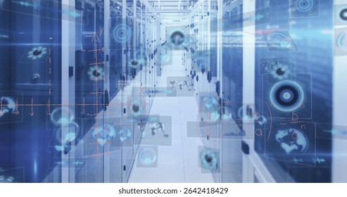 Showcasing central corridor of server racks featuring holographic HUD graphics inside data center. Technology, data, networking, digital, innovation, futuristic, infrastructure