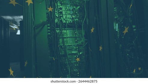 Showcasing central server rack glowing with green LEDs in data center, with switches and cables. Technology, networking, data, infrastructure, cybersecurity, digital, modern