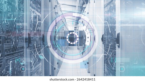 Showcasing data center aisle featuring tall server racks and cable trays, with holographic overlay. Technology, cybersecurity, industrial, futuristic, network, infrastructure, digital