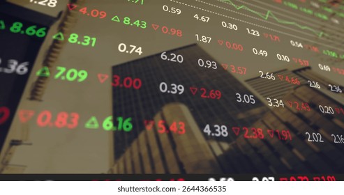 Showcasing glass skyscraper rising at financial district with floating ticker numbers, arrow icons. Modern, urban, corporate, skyscraper, futuristic, high-rise, digital - Powered by Shutterstock - Get 15% off with code: PIKWIZARD15