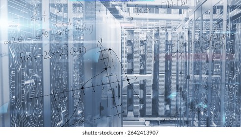 Showcasing glass-front server racks in data center, with circuit-pattern panels and math overlays. Technology, infrastructure, innovation, networking, minimalism, scientific, industrial - Powered by Shutterstock - Get 15% off with code: PIKWIZARD15