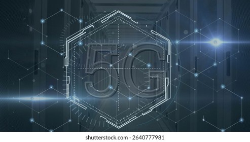 Showcasing large translucent hexagon frame with 5G text and network nodes in data center corridor. Technology, connectivity, innovation, cyberspace, digital, telecommunications, networking - Powered by Shutterstock - Get 15% off with code: PIKWIZARD15