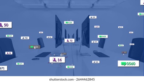 Showcasing monitors displaying floating social media widgets at office desk, keyboards mice chairs. Technology, collaboration, innovation, modernity, digital, professional, workspace