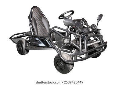 Showcasing performance and thrill, dynamic racing go-kart for speed enthusiasts, lightweight and agile, motorsport adventure concept. Isolated on white background.