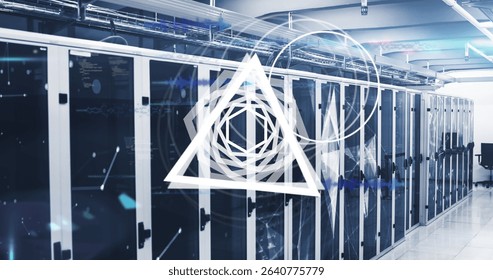 Showcasing server racks with glass doors lining floor in data center, with cable trays and overlays. Technology, data, infrastructure, cybersecurity, network, digital, modern