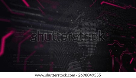 Showcasing stylized dotted globe pulsing over virtual digital interface, with neon circuit traces. Futuristic, technology, cyber, digitalart, innovation, abstract, sleek