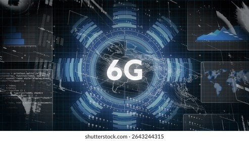 Showcasing stylized globe radiating data rings at digital dashboard, with 6G network visualization. Futuristic, technology, analytics, cybernetic, networking, innovation, data visualization