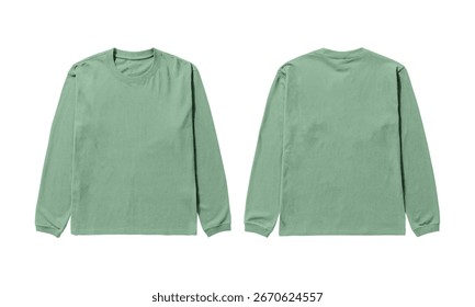 Showcasing a versatile mint green long sleeve t-shirt, presented front and back on a crisp white background. Perfect for fashion mockups and apparel design concepts.
