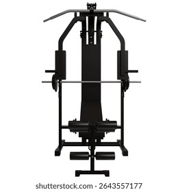 showcasing a vertical design with various adjustable components for upper and lower body exercises. It features a padded backrest and multiple weight plate holders