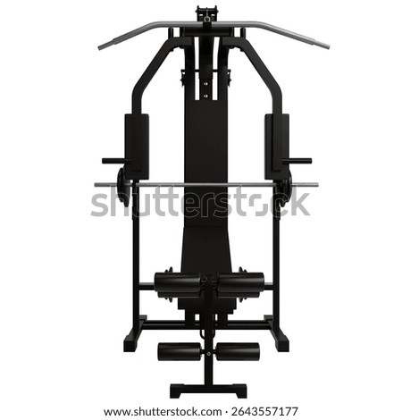 showcasing a vertical design with various adjustable components for upper and lower body exercises. It features a padded backrest and multiple weight plate holders