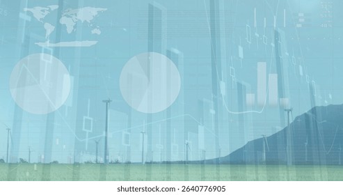 Showcasing wind turbines between grassy plain and mountain, showing data charts world map skyline. Renewable, sustainability, ecofriendly, landscape, analytics, data visualization, environmental