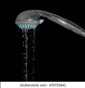 Shower Head, Dripping Water, Isolated On Black