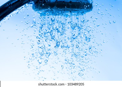 Shower Head with Running Water, Blue background