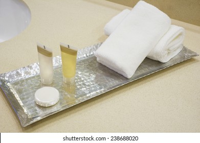 Shower Set At Hotel, A Bar Of  Soap, With Hand Towels And Wash Cloths, Shampoo And Body Lotion