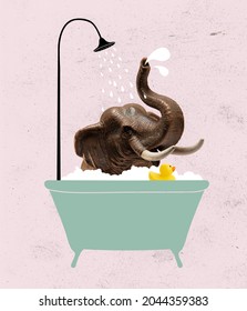 Showering. Cute Gray Toy Elephant Bathing In Bath Tub With Soap Foam. Modern Design, Contemporary Art Collage. Inspiration, Idea, Trendy Urban Magazine Style. Beauty, Pets, Animal Life. Surrealism