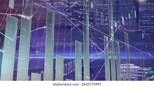 Showing 3D bar chart columns emerging on holographic grid, with line graphs and numeric labels. Futuristic, data, analytics, holographic, visualization, digital, market