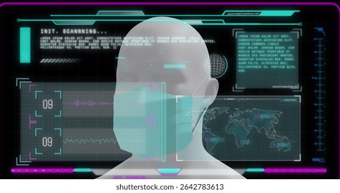 Showing 3D head bust wearing surgical mask in scanning environment, with holographic UI panels. Futuristic, biometric, technology, digital, science, innovation, ui