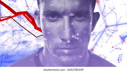 Showing adult male overlaid with red graph, purple icons and blue network lines in virtual space. Analytics, technology, innovation, futurism, data, communication, digital
