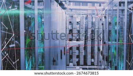 Showing aisle between server racks inside data center, with glowing LEDs and network diagrams. Technology, cybersecurity, data management, digital infrastructure, industrial, futuristic, automation