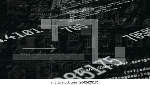 Showing angular flow line overlaying dashboard with binary digits, code fragments, panels and icons. Futuristic, digital, technological, cybersecurity, data visualization, abstract, interface