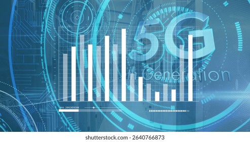Showing bar chart, circuit traces, slider bar, HUD elements and 5G Generation text on virtual UI. Futuristic, digital, technology, data visualization, interface, cyber, innovation - Powered by Shutterstock - Get 15% off with code: PIKWIZARD15