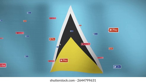 Showing black-yellow triangle against blue backdrop, with red Play and Subscribe, blue Like icons. Geometric, abstract, digital, minimalistic, vibrant, technology, interaction