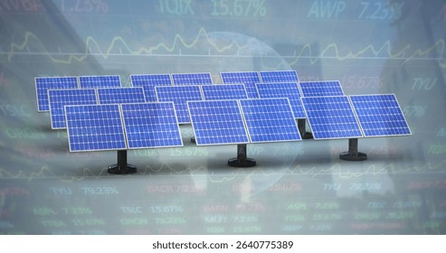 Showing blue solar panels on pedestals on grey backdrop, featuring globe and ticker chart overlays. Renewable, technology, investment, sustainability, digital, innovation, energy - Powered by Shutterstock - Get 15% off with code: PIKWIZARD15