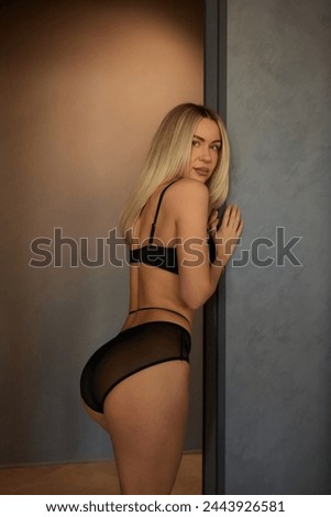 Showing body. Beautiful woman in underwear is posing indoors.