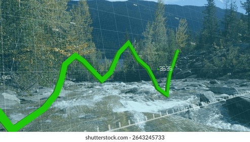Showing bright green jagged line graph overlaying mountain stream in fall with digital grid labels. Nature, landscape, data visualization, analytics, outdoor, scenic, technology - Powered by Shutterstock - Get 15% off with code: PIKWIZARD15