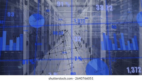 Showing bundled data cables and server racks receding in data center, with blue analytics overlays. Technology, data, analytics, infrastructure, networking, cybersecurity, digital