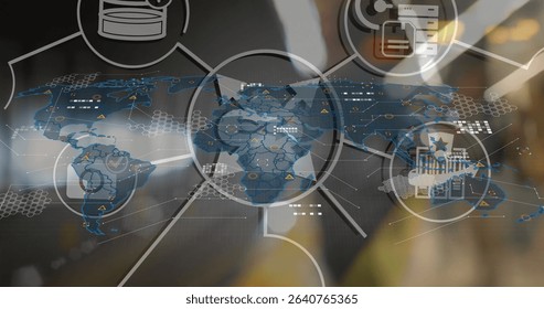 Showing businessman interacting with digital world map overlay on tablet in office, with data nodes. Technology, connectivity, innovation, digital, networking, data, corporate