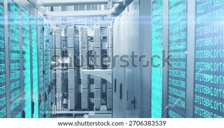 Showing centered server rack row running cyan LED code panels in data center, with bundled cables. Equipment, infrastructure, cooling, wiring, blue, minimalist, futuristic