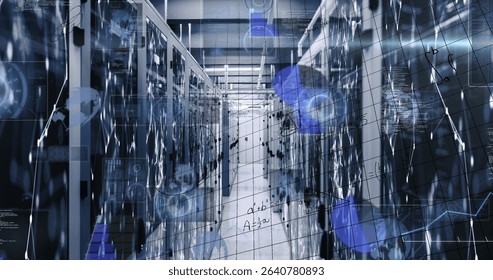 Showing central aisle stretching into distance in data center room, with server racks and overlays. Technology, cybersecurity, innovation, infrastructure, connectivity, digital, industrial