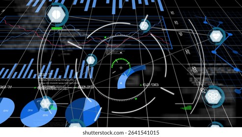 Showing central circular HUD gauge presenting real-time data in grid interface, with charts and icons. Futuristic, analytics, visualization, technology, interface, digital, insight