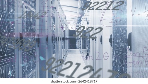 Showing central corridor in data center holding rack-mounted servers and cable trays, math overlay. Technology, infrastructure, digital, innovation, futuristic, network, cybersecurity