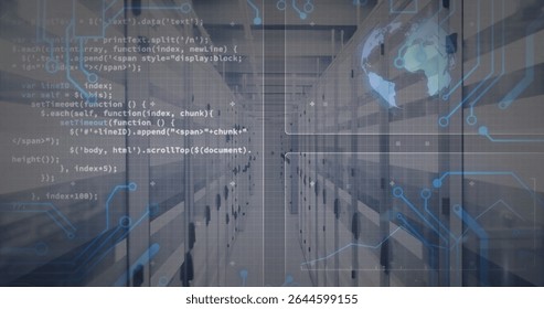 Showing central data center corridor blending server racks with code overlay and holographic globe. Futuristic, technology, cybersecurity, digital, infrastructure, innovation, networking - Powered by Shutterstock - Get 15% off with code: PIKWIZARD15