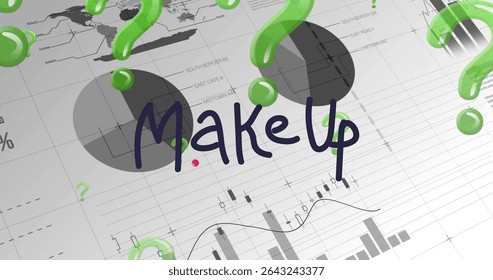 Showing central MakeUp text over infographic grid, with green question marks and grey pie charts. Data visualization, analytics, digital graphic, business intelligence, charting, financial data,