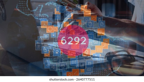 Showing central red interface displaying 6292 at office desk, with laptop phone glasses tech icons. Technology, data visualization, digital interface, fintech, productivity, modern office, innovation