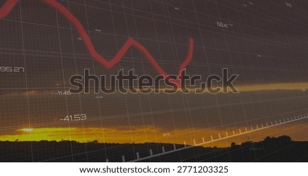 Showing central red zigzag chart tracing trend across golden horizon with faint grid labels, hills. Data, analytics, line, finance, volatility, sunset, landscape