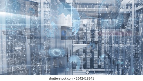 Showing central server rack housing cables and flashing LEDs in data center aisle, digital overlays. Technology, data, networking, cybersecurity, industrial, futuristic, infrastructure