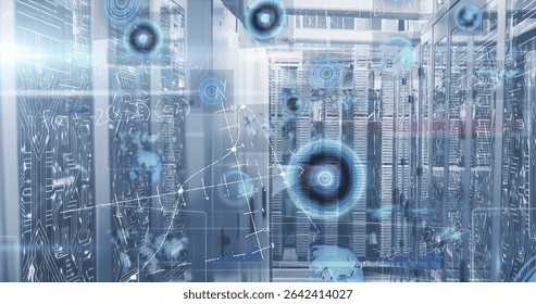 Showing central server racks streaming data graphs with blinking LEDs in data center, network nodes. Technology, cybersecurity, innovation, digital, infrastructure, connectivity, futuristic