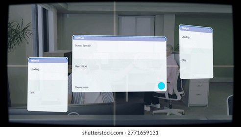 Showing central Settings panel overlaying office, with two Widget panels and staff in office attire. Ui, dashboard, transparency, openplan, collaboration, productivity, professional
