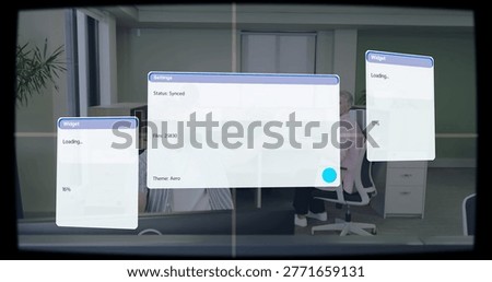 Showing central Settings panel overlaying office, with two Widget panels and staff in office attire. Ui, dashboard, transparency, openplan, collaboration, productivity, professional