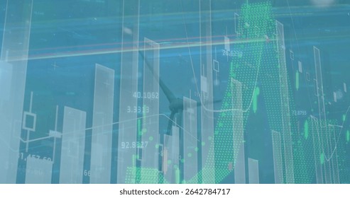 Showing chart floating over wind turbines in interface, with bar charts and candlesticks. Data visualization, renewable energy, technology, analytics, innovation, sustainability, digital interface