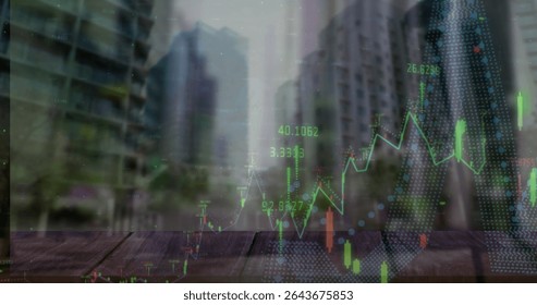 Showing chart on wood tabletop with candlestick bars, green line graph and blue dotted trend line. Finance, investment, analytics, data visualization, technology, corporate, business intelligence - Powered by Shutterstock - Get 15% off with code: PIKWIZARD15