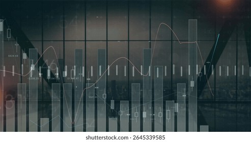 Showing chart overlaying office window at dusk, bar graphs, candlesticks, lines, labels and grids. Financial, analytics, modern, technology, business, data, corporate