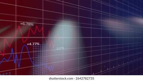 Showing chart with red or blue lines grid overlay on virtual trading interface, +6.78%,+4.77%,-2.07%. Finance, data visualization, digital interface, investment, technology, analytics, business